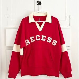 Recess Red Varsity Rugby Shirt Cream Collar Logo Patch Size S